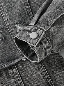 Sparklyn Tween Girls Y2K Style Denim Two Pieces Outfit, Autumn/Winter New Arrival, Collegiate Inspired, Jacket + Pleated Skirt Set, Casual Street Style Long Sleeve Distressed Denim Jacket + Denim Pleated Mini Skirt, Medium Blue Vintage Washed Denim, Loose Fashionable Versatile Set, Denim New Arrival Outfit Skirt And Shirt Out Fits For Tweens Gray