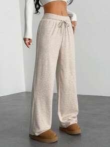 SHEIN PETITE Quần dài thường ngày rút dây màu trơn dành cho nữ, tối giản và thời trang để mặc hàng ngày, tốt nghiệp, trở lại trường, tốt nghiệp, trang phục giáo viên dành cho phụ nữ, trở lại trường - Màu be - Xem 7