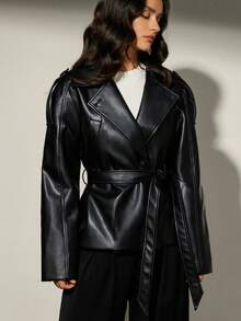 Aveloria Modichic Button Closure Bow Waist Decor Long Sleeve Lapel PU Jacket