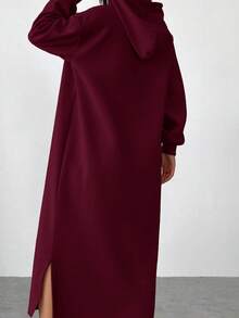 SHEIN EZwear Wine Red Drop Shoulder Long Sleeve Fashionable Loose Drawstring Hooded Long Knit Sweatshirt Winter Dress For Women Hooded Dress 2 Pieces Casual Sets Woman Oversized Sweatshirt Women Comfortable Two Pieces Set - Burgundy - View 7
