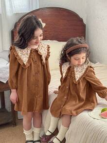 LMoss Kids 女童纯色拼接碎花彼得潘领休闲连衣裙