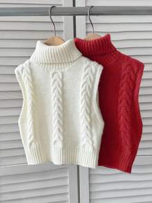 SHEIN Serisse Kids 少女两件套针织无袖羊毛扭结高领上衣 - 紅白色 - 查看 3