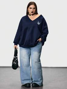 SHEIN CURVE+ 女式加大码 V 领骷髅手指花卉印花黑色加大码宽松羊毛运动衫冬季秋季秋冬 - 藏蓝色 - 查看 8