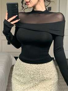 DAZY 女款不對稱拼接高領T恤，秋季長袖 - 黑色 - 查看 1