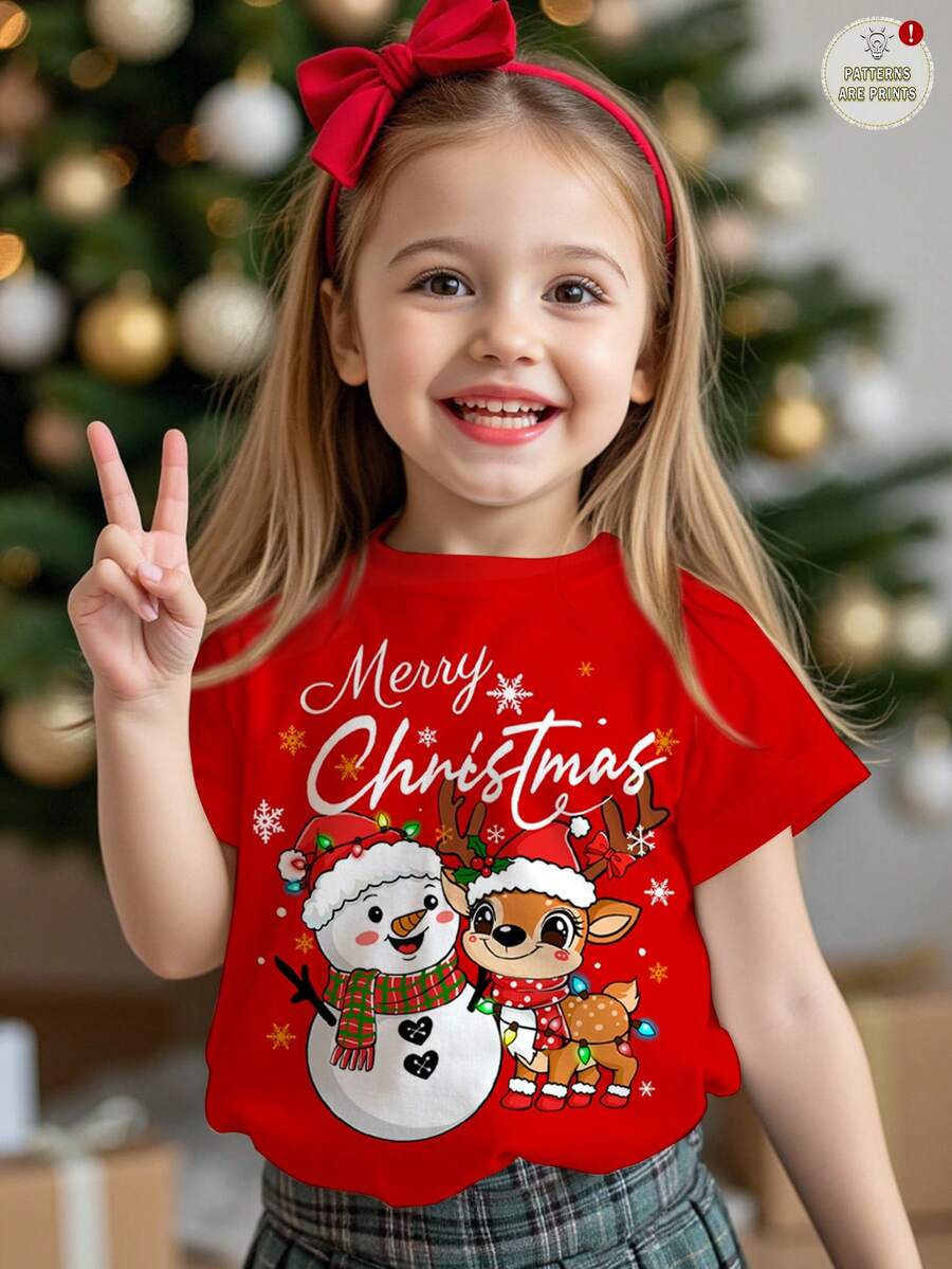 SHEIN Maglietta a maniche corte con collo rotondo, stile minimalista, adatta per l'estate, il Natale e come strato, con simpatici e divertenti motivi natalizi a renne e pupazzi di neve, colore rosso natalizio, adatta per ragazze giovani - Multicolore - Visualizzare 1