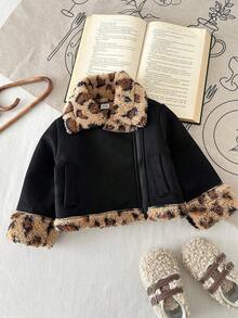 SHEIN 3Months-3Years Baby Girl Coat ,1pc Casual And Street Daily Style Coat Fall Outfits For Girl,Long Sleeves Warmer Cheetah Print Fabric Fleece Jacket - Black - View 4