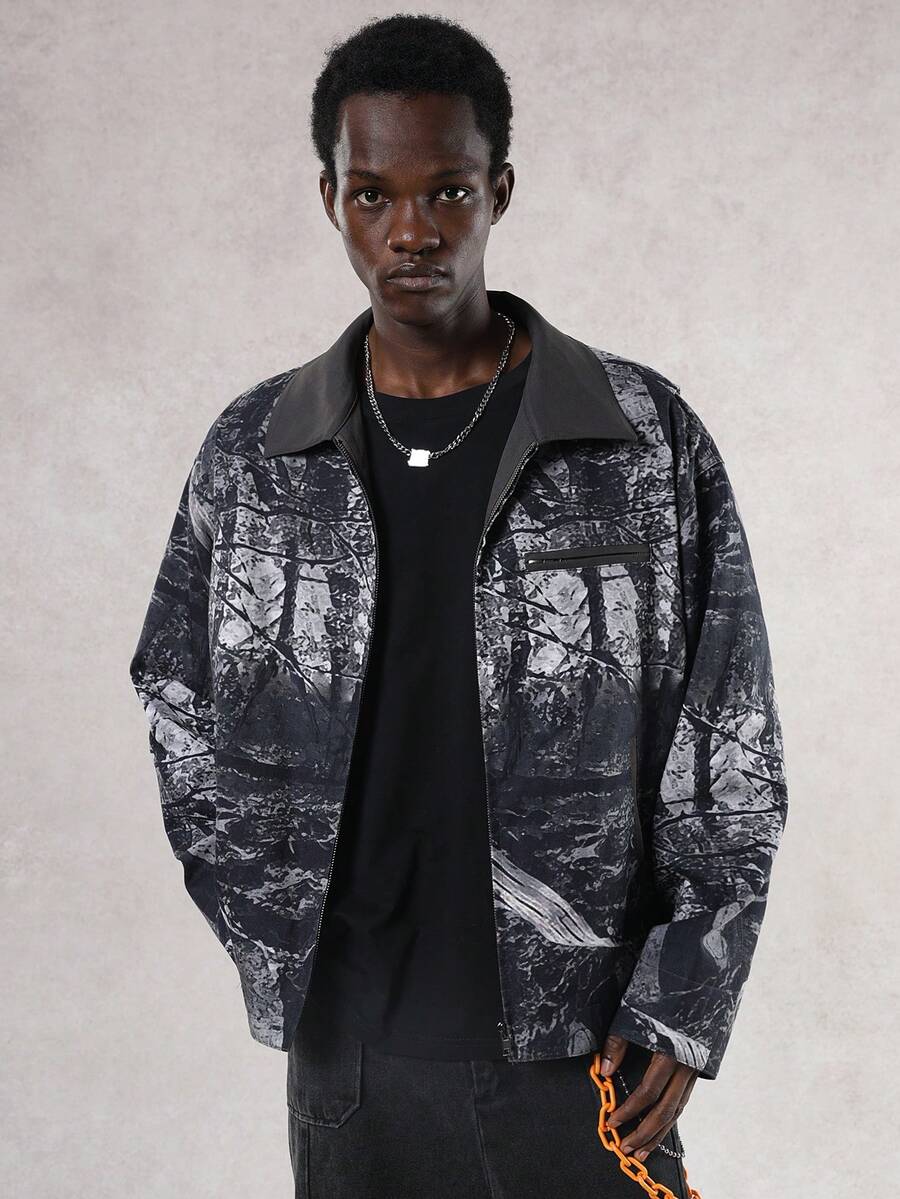 DAZY Men's Digital Print Patchwork Collar Design Jacket And Coat, Autumn/Winter - Black - View 1