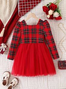 Robe de Noël pour jeune fille avec épaules dénudées, manches bouffantes, base rouge à carreaux noirs et double couche de maille rouge et noire aux manches longues - Rouge - Voir 2