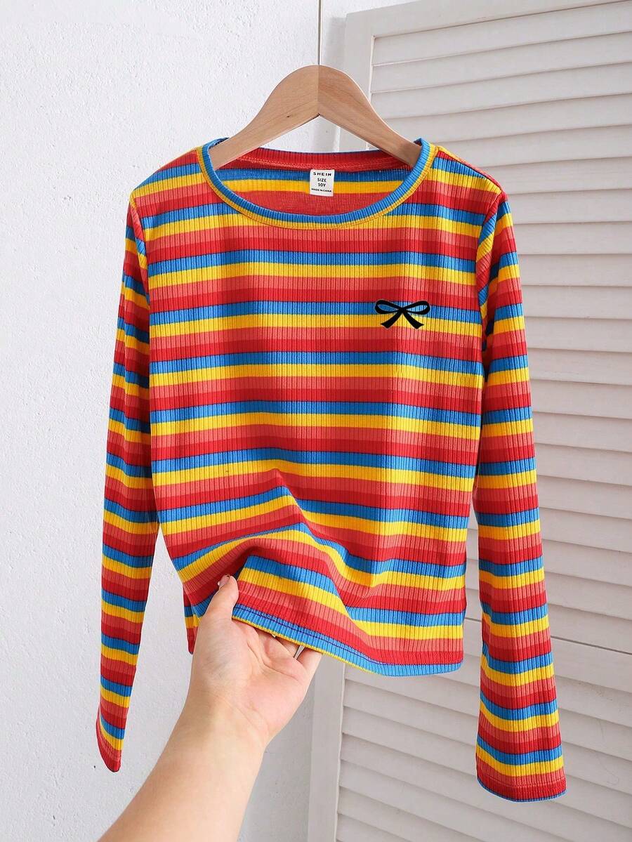 SHEIN Áo thun dài tay cổ tròn họa tiết sọc nhiều màu thêu nơ cho bé gái tuổi teen - Đỏ - Xem 1