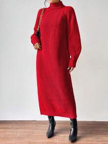SHEIN Clasi 休闲纯色高领长款针织连衣裙，秋冬季 - 紅色 - 查看 3