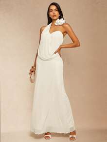 Silquee 女士优雅浪漫3D立体花卉装饰单肩长裙，夏季 - 白色 - 查看 4