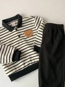 SHEIN 两件套男女宝宝黑白条纹撞色针织Polo衫搭配黑色灯芯绒裤，舒适休闲时尚日常穿着，适合室内、室外、运动、派对、拍照、节日、街头风、运动服、慢跑、圣诞节、新年等场合。 - 黑色 - 查看 7