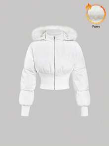 SHEIN MOD 白色休闲简约腰部抽绳女士羽绒服，秋冬季保暖外套，女士保暖外套 - 白色 - 查看 1