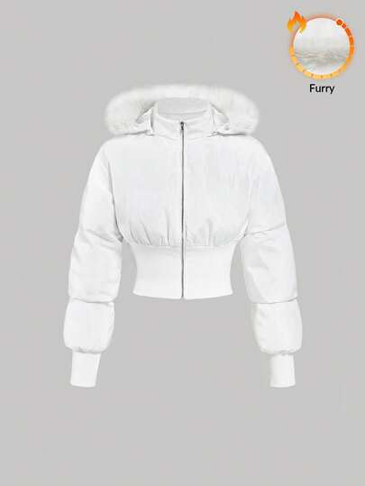 SHEIN MOD White Casual Minimalist Waist Drawstring Women Padded Coat, Warm Outerwear For Autumn/Winter Winter Women Coat Thermal Warm Clothes