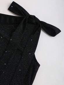 Sweetra 新款时尚百搭秋冬黑色亮面圆领蝴蝶结露肩无袖修身上衣，优雅可爱，适合新年派对、约会、通勤、日常穿着。 - 黑色 - 查看 5