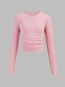 SHEIN Girlism 3pcs/Set Tween Girls' Fitted Casual Solid Color Round Neck Ruched Long Sleeve T-Shirt - Baby Pink - View 3