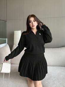 Vibekara 秋冬季加大码女式针织休闲纯色刺绣翻领简约长袖毛衣上衣及半裙套装，百搭 - 黑色 - 查看 5