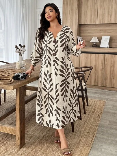 EMERY ROSE Đầm suông rộng họa tiết hoa vải lanh cỡ lớn dành cho nữ, có nút gỗ giả, trang trí đơn giản, phù hợp mặc mùa xuân/hè, đi làm và mặc nhà