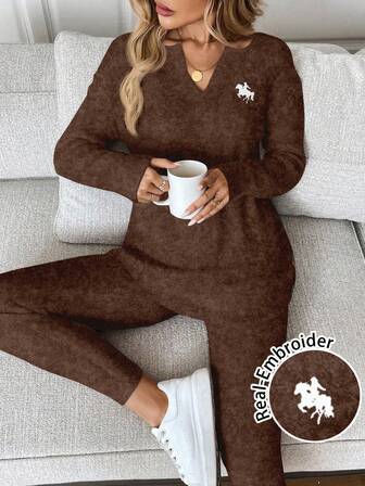 SHEIN LUNE 2pcs/Set Women Long Sleeve T-Shirt And Leggings, Autumn/Winter