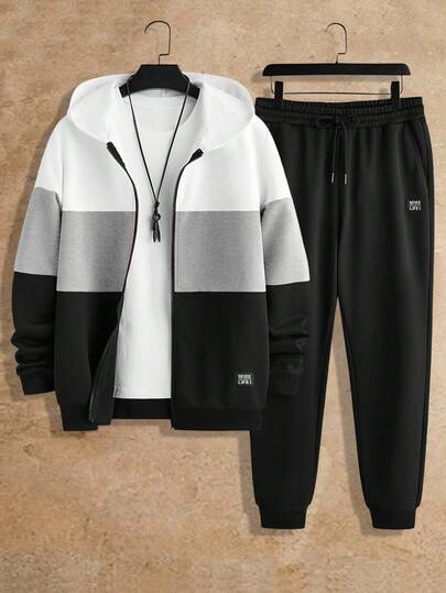 HIMLAND 2pcs Men's Knit Fitted Contrast Color Block Long Sleeve Hoodie Sweatshirt Set Tuxedo Plus Size Mens Sweat Suit Set Men Casual Sets Mens Street Wear Sets Plus Size Men Men Plus Size Men Sweatsuit Set Men Black And White Set
