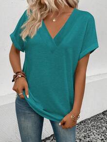 EMERY ROSE Women's Casual Solid Color V-Neck Short Sleeve T-Shirt, Summer - Blue - View 3