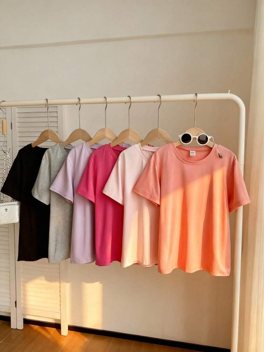 Tween Girls 6pcs Casual Plain Round Neck Short Sleeve T-Shirt, Multi-Pack, Multiple Colors, School, Campus, College, Summer, Outfit, Comfortable, Cute - Multicolor - View 1