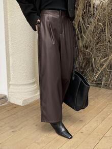 DAZY Damen Lässig PU Leder einfarbige Weite Bein Knöchellange Hose, Herbst/Winter