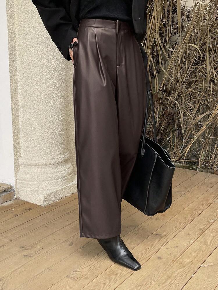 DAZY 女士休闲PU皮纯色阔腿九分裤，秋冬款 - 巧克力棕 - 查看 7
