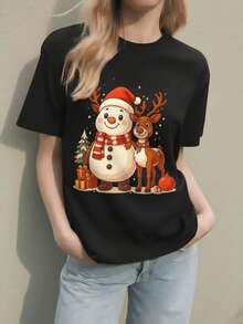 Playera con estampado de reno y muñeco de nieve, navideño, colorido, ideal para esta temporada y uso diario, llamativo, moderno, holgado, cuello redondo, manga corta, ideal para toda la familia - Negro - Ver 1