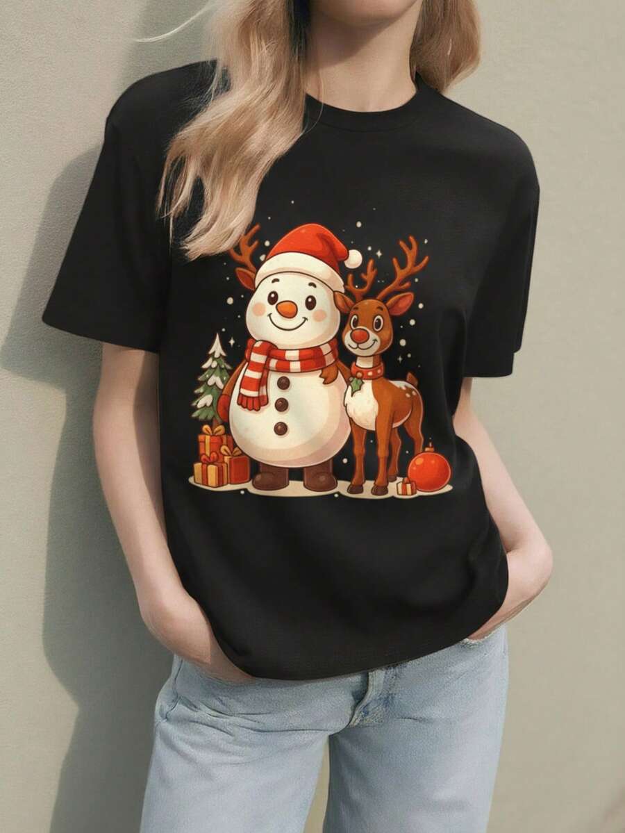 Playera con estampado de reno y muñeco de nieve, navideño, colorido, ideal para esta temporada y uso diario, llamativo, moderno, holgado, cuello redondo, manga corta, ideal para toda la familia - Negro - Ver 1