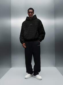 PLAYBOY X SUMWON Oversized Textured Plush Hoodie With Hexagon Pattern For Winter Comfort And Style - Black - View 5