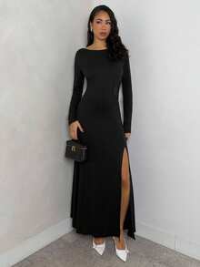 Glamine Vestido largo negro de malla ajustado y elegante para mujer - Negro - Ver 4
