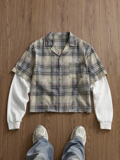 EASEVO Plus Size Men's Plaid Patchwork Contrast Sleeve Shirt