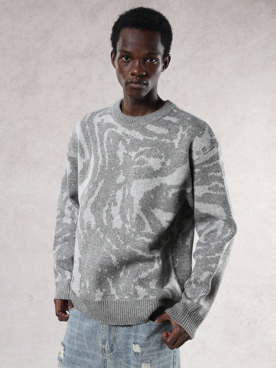 DAZY Men's Textured Crew Neck Drop Shoulder Casual Sweater, Autumn/Winter - Grey - View 1