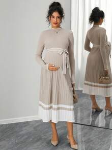 Momance Maternity Pleated Stand Collar Striped Print Belted Long Sleeve Sweater Dress - Apricot - View 1