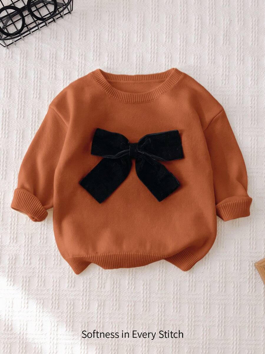 Cozy Pixies Baby Mädchen Farbblock Schleife Dekor Rundhals Drop-Shoulder Pullover Pullover, Lässig & Vielseitig für Herbst/Winter - Rostbraun - Übersicht 1