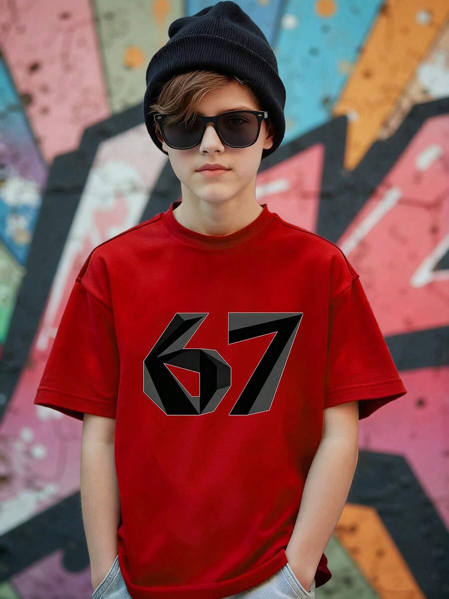 青少年男童休闲时尚创意个性化清新简约67号图案印花基础款短袖T恤,舒适温暖的秋季款式,适合夏季和秋季穿着,上衣 - 紅色 - 查看 1