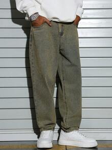 Manfinity EMRG Quần jean nam ống loe phong cách retro cổ điển, quần rộng thùng thình nam, quần vintage nam - Màu vàng - Xem 1