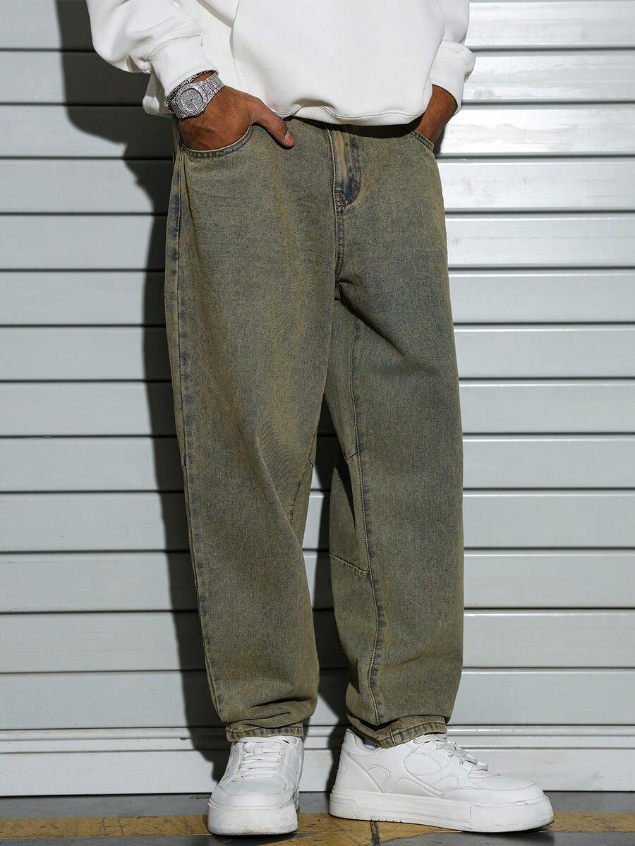 Manfinity EMRG Quần jean nam ống loe phong cách retro cổ điển, quần rộng thùng thình nam, quần vintage nam - Màu vàng - Xem 1