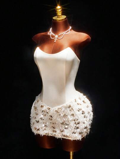 Amplova 女士亮片设计毛绒披肩上衣和无肩带连衣裙魅力时尚套装