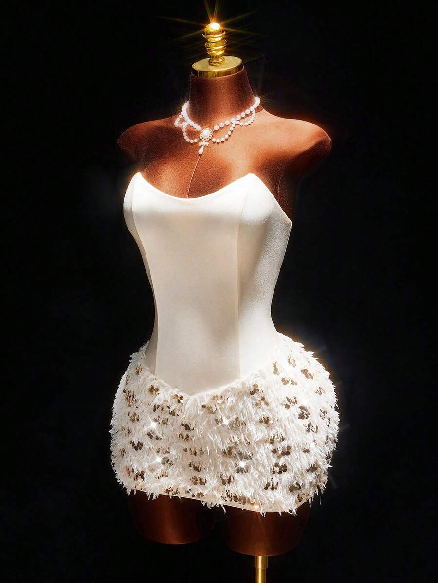 Amplova 女士亮片设计毛绒披肩上衣和无肩带连衣裙魅力时尚套装 - 杏色 - 查看 1