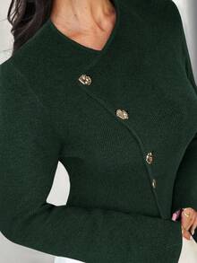 Firerie Pull à manches longues pour femmes avec col en V profond, boutons métalliques et motif floral. Tricot pour les déplacements quotidiens. Nouvelle arrivée pour le printemps, l'automne et l'hiver - Vert sapin - Voir 4