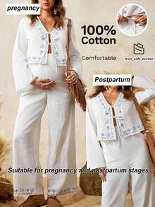 Boho Mama Two-Piece Nursing Set With Drawstring Top And Pants, Printed, Stylish Everyday Beach White Casual Set, Women's Pure Cotton Linen Two-Piece Set, Maternity Two-Piece Set, Casual Set, Maternity Two-Piece Set. - White - View 11