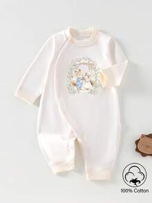 SHEIN Tutina casual a maniche lunghe per neonato maschio, autunno/inverno, stampa di una coppia di volpi che tengono una mela rossa in un giardino in attesa di un bambino, per Natale e San Valentino, elegante outfit da festa, stile vacanziero vintage, adatto per esterno, casa, festa - Beige - Visualizzare 3