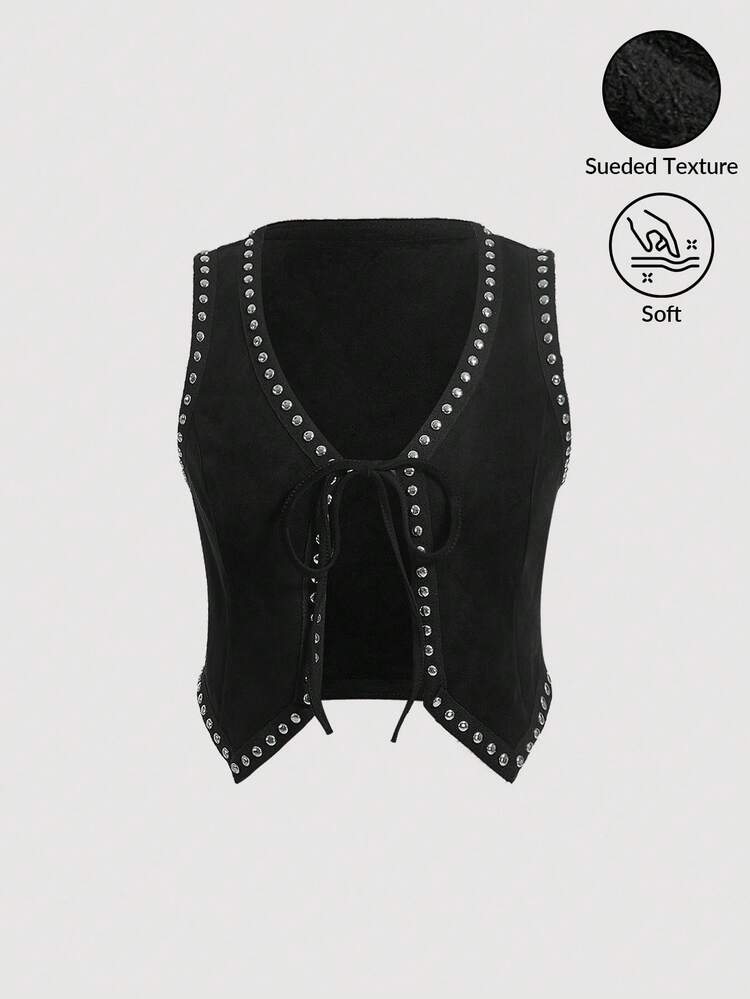 Studded Detail Tie Front Vest Black Jacket Without Blouse, Western Wear Women In Fall/Winter
