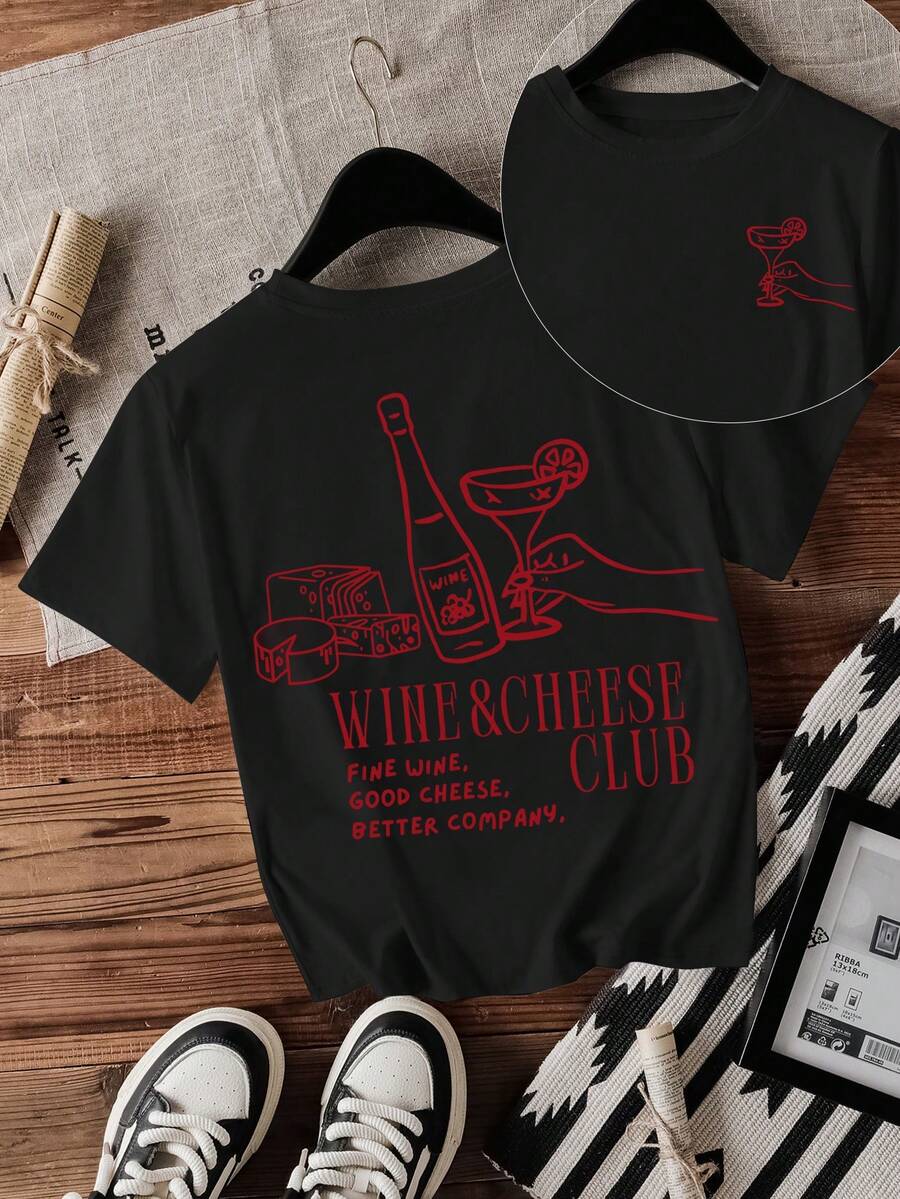 INAWLY 女士葡萄酒和奶酪俱乐部印花圆领T恤 - 黑色 - 查看 1