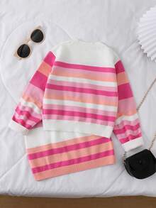2pcs/Set Girls Sweater Co-Ord Set, Pink Rainbow Striped Knitted Sweater And Skirt, Comfortable For Autumn/Winter Wear, Suitable For School, Daily, Party, Versatile And High Value Long Sleeve Dress For Kids Kids Sweaters For Girls Jumper For Girls Girl Clothes Autumn And Winter Clothes Autumn And Winter Young Girls Drease - Pink - View 2