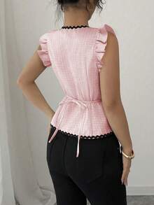 Elenzga Camisa elegante de mujer con contraste de color, volantes, parches y cintura ceñida, con mangas cortas, para otoño - Rosa - Ver 2