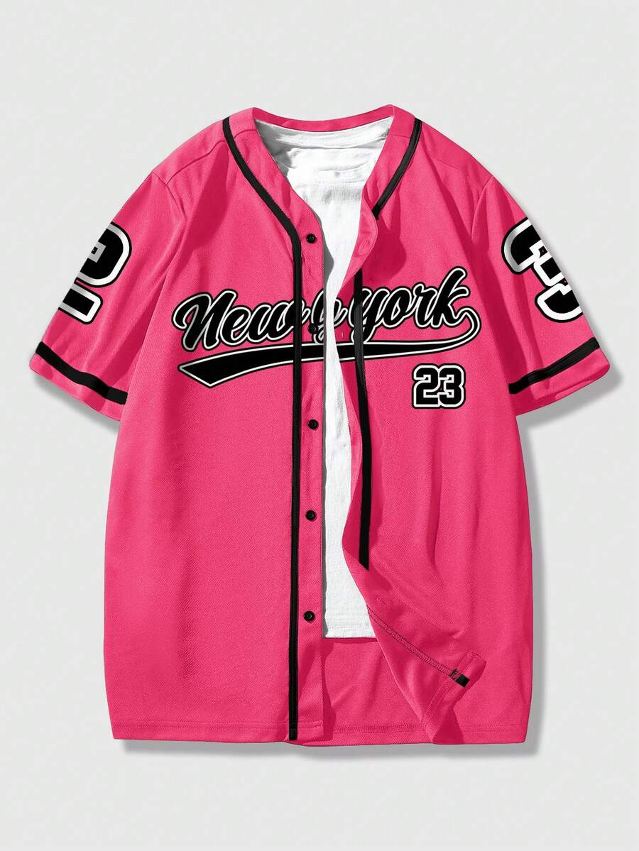 ROMWE MEN Prep 男士单排扣城市标志印花休闲短袖衬衫 - 粉色 - 查看 1