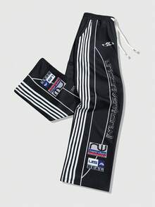 ROMWE MEN 男女通用休闲直筒运动裤，饰有美式英语图案 - 黑色 - 查看 5